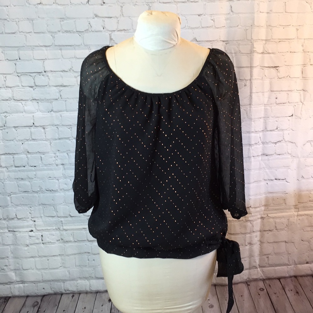 Elle Top Black w/ Copper Dots Sheer 3/4 Long Sleeve Medium